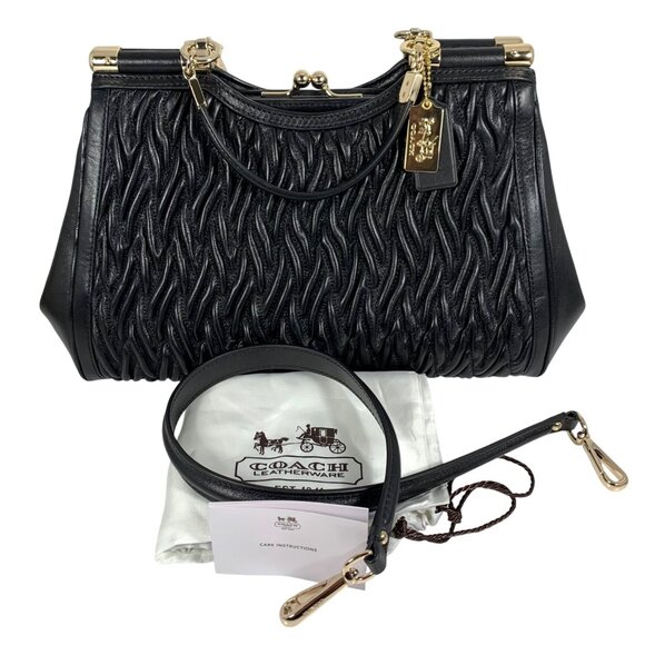 COACH Madison Gathered Twisted Black Leather Carrie Satchel + Tags, Dust Bag EUC - Picture 1 of 15
